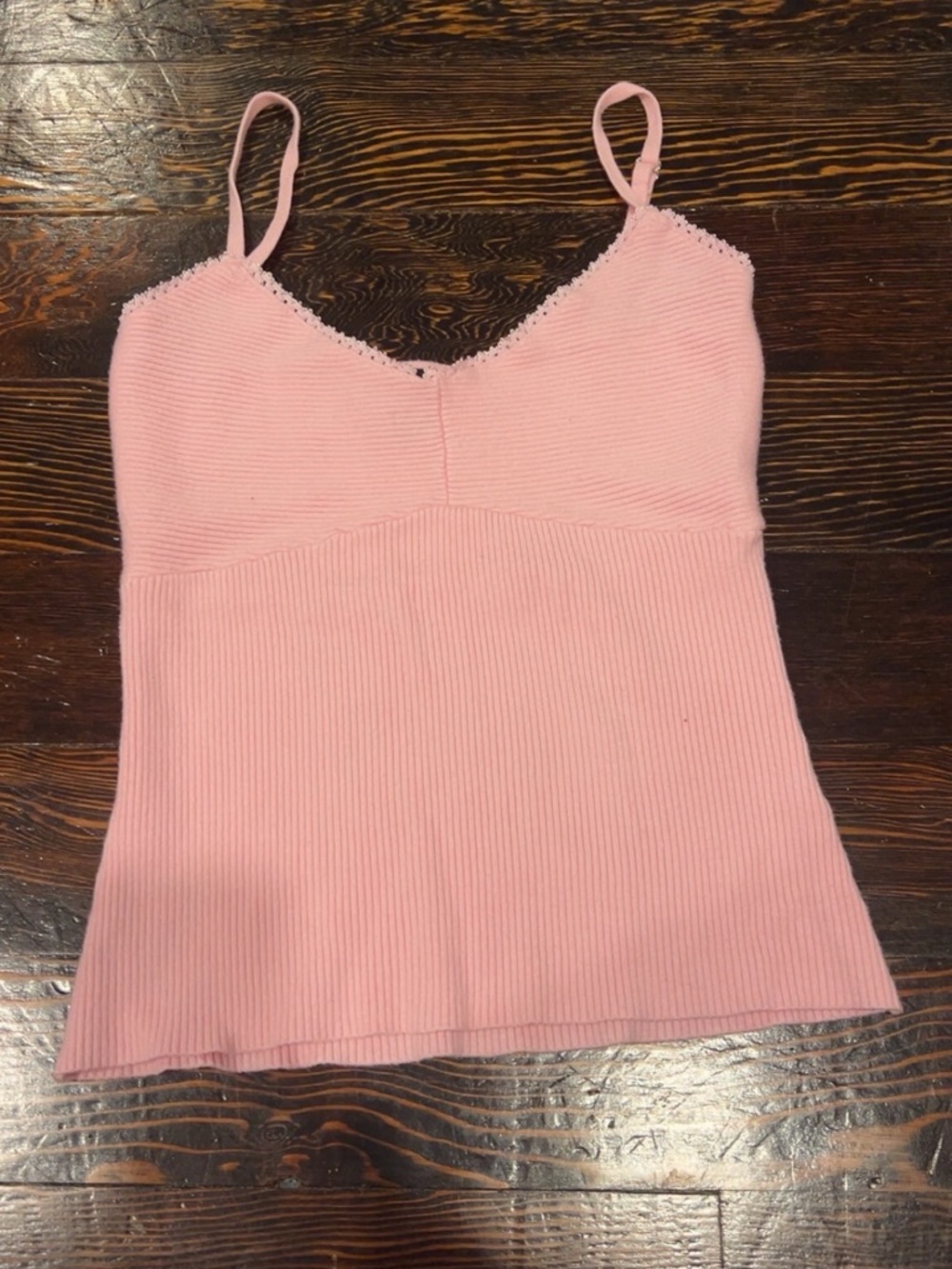 Ribbed Lace-Trim Pink Spaghetti Strap Tank Top